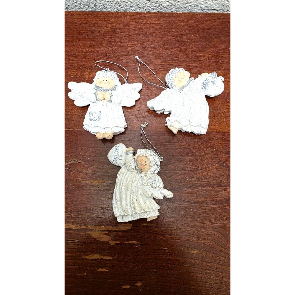 Set Of 3 Hand-Painted Ceramic Angel Christmas Ornaments Glitter Accents & Silver